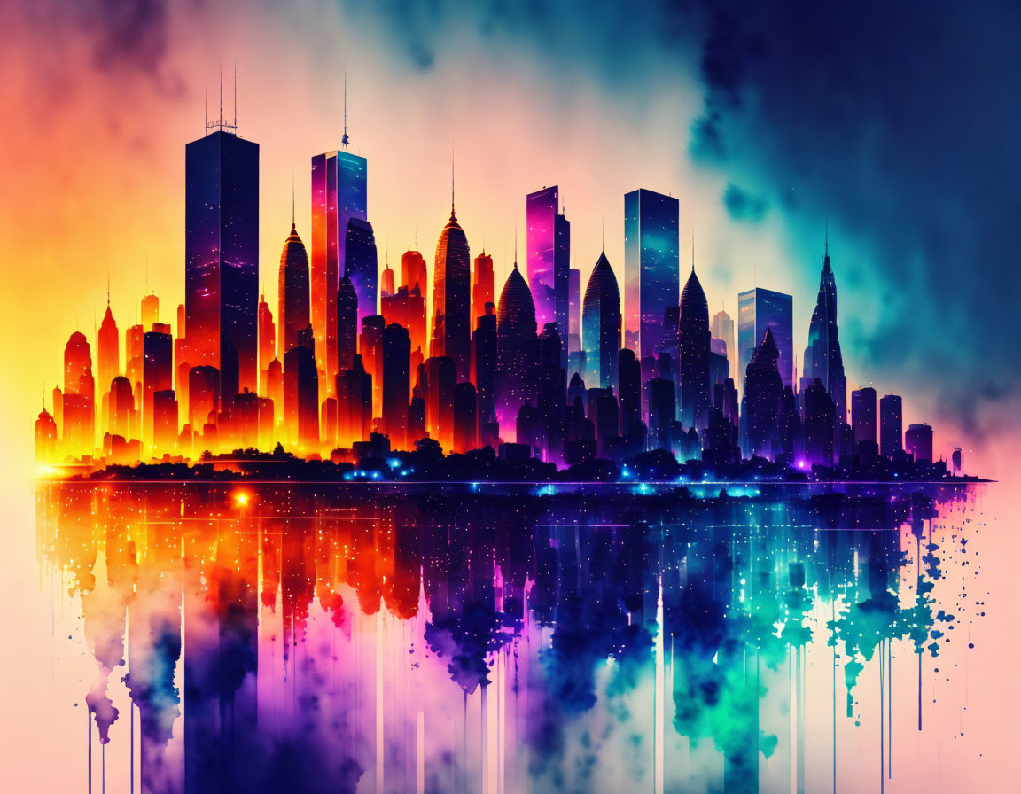 City skyline illustration with mirrored reflection in vibrant colors
