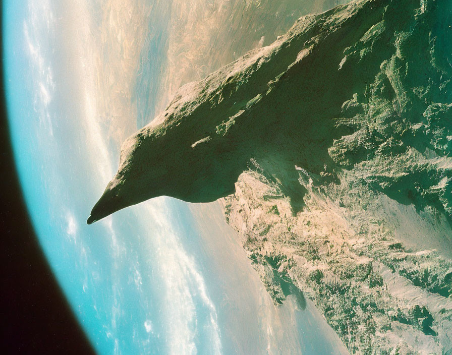 Gigantic spaceship-shaped mountain above Earth's oceans