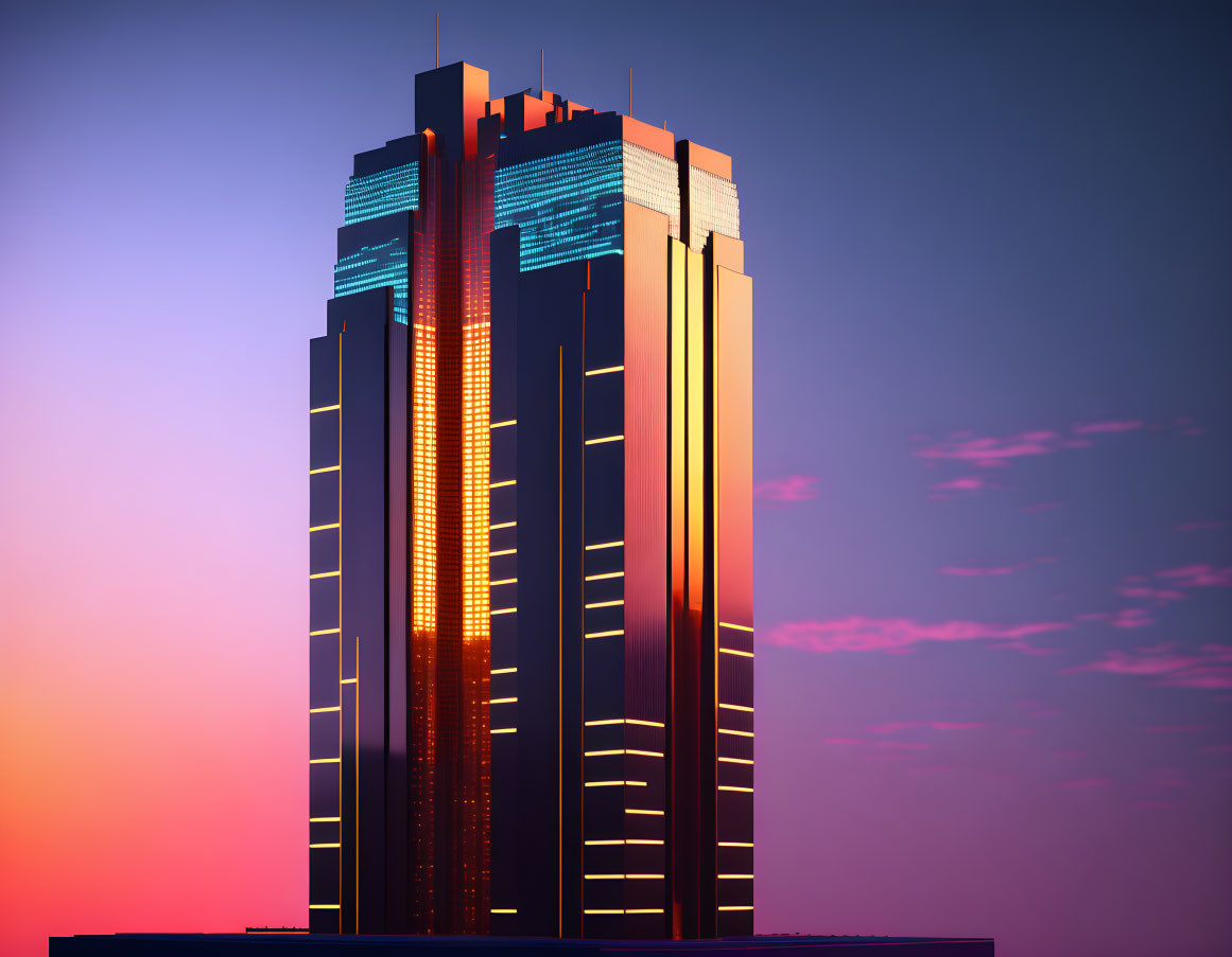 Tall skyscraper with illuminated windows at twilight