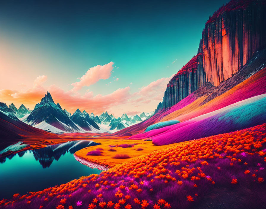 Colorful landscape with flowers, lake, cliffs, and mountains