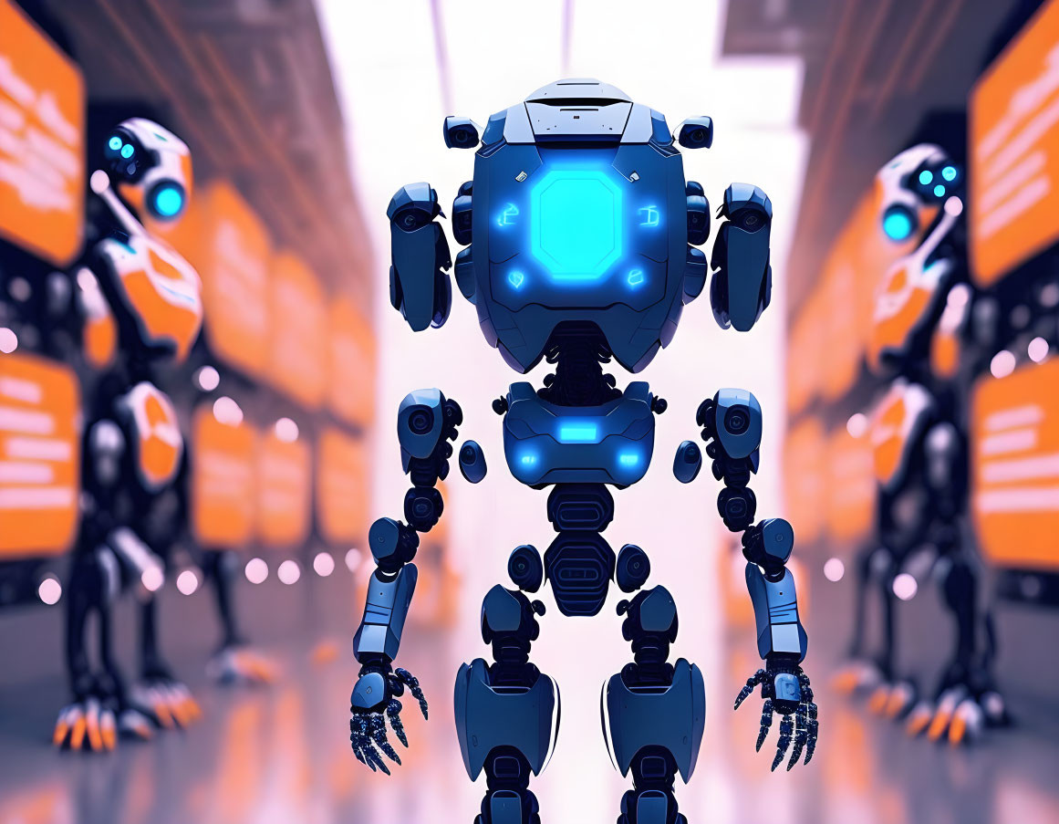 Futuristic robots with blue glowing elements in high-tech hallway