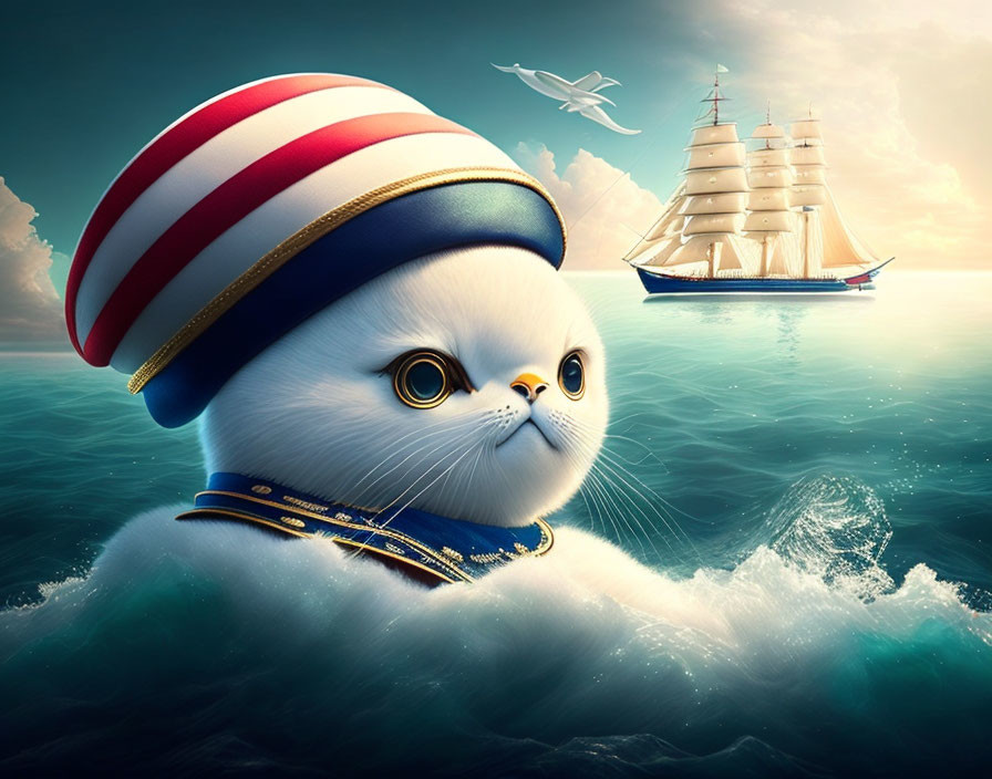 Whimsical cat illustration with maritime theme and ship in the background