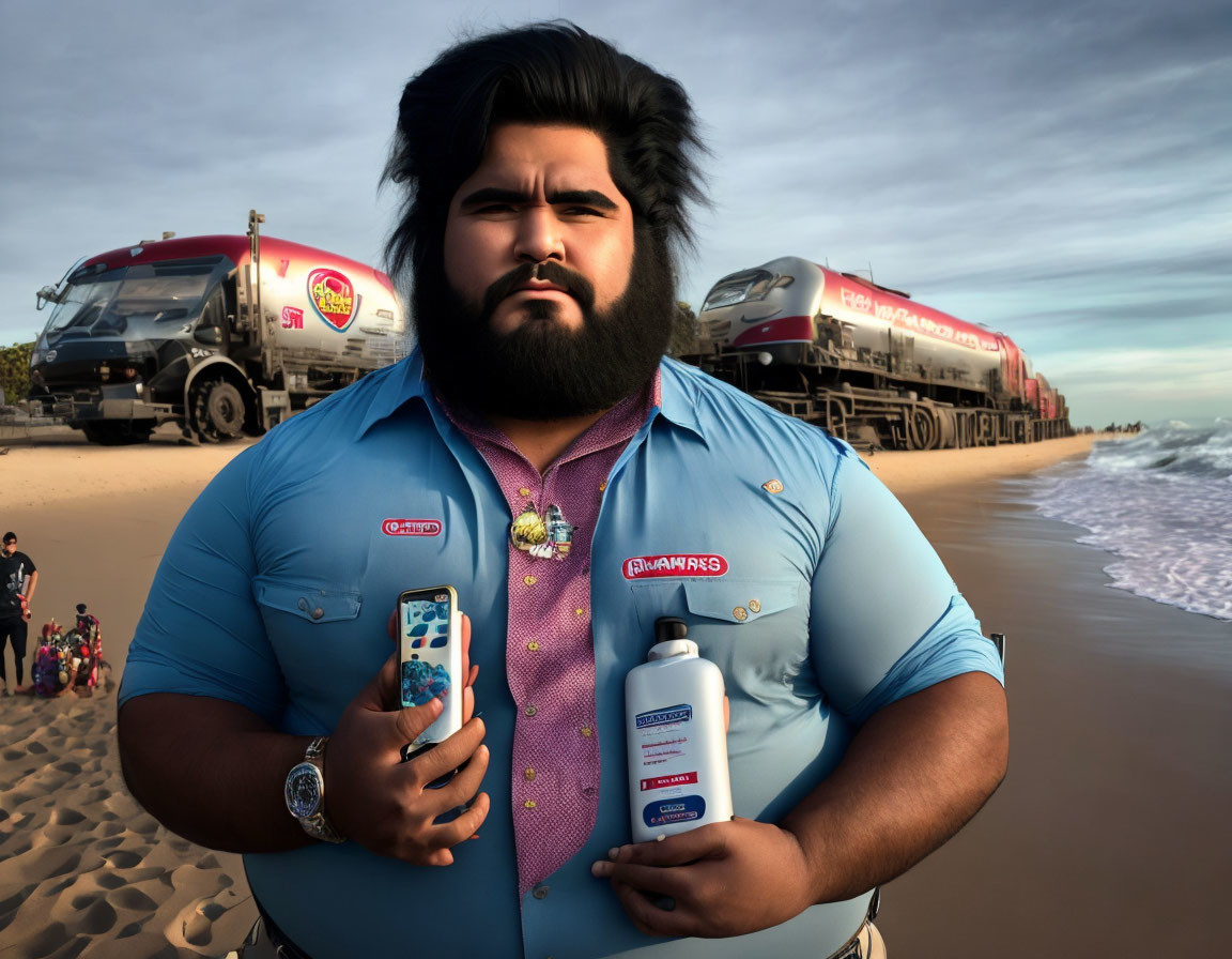 Digital artwork: Stocky man with beard on beach, holding phone and bottle, with train trucks in