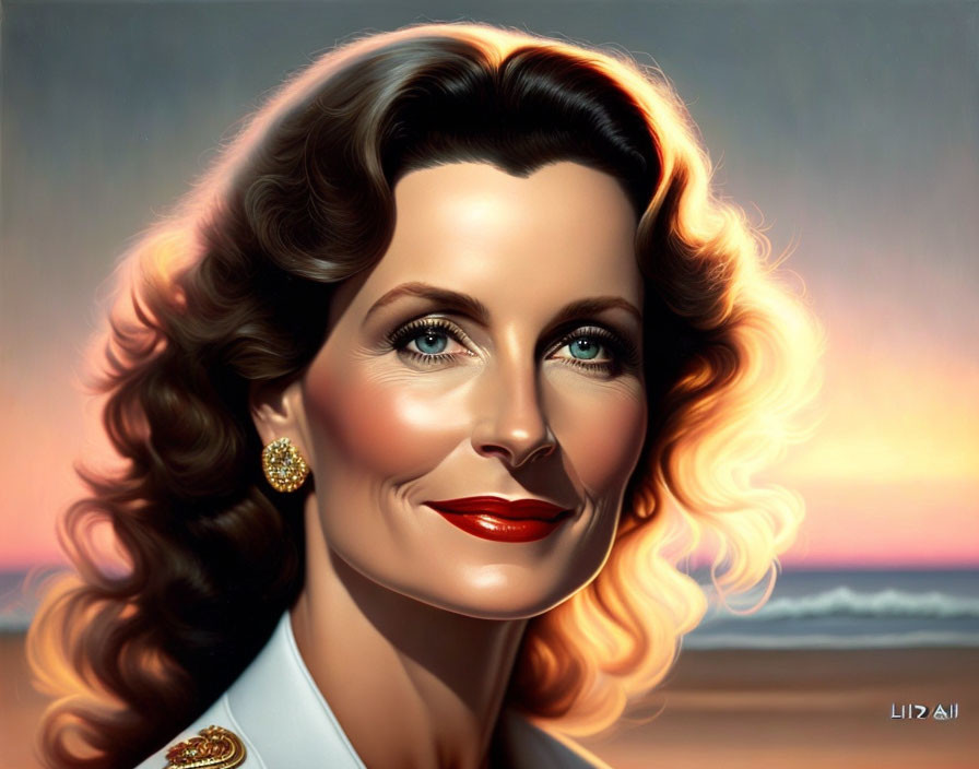 Smiling woman portrait with wavy hair and red lipstick