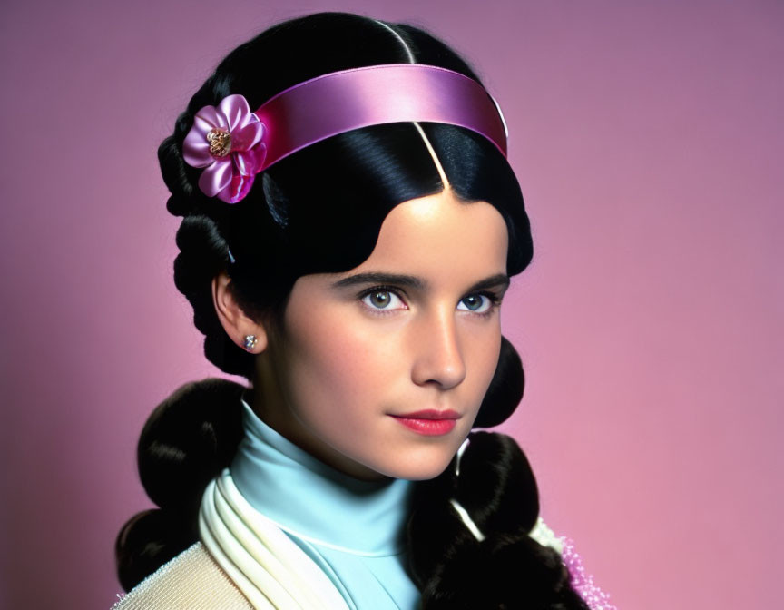 Dark-haired woman with braided buns in pink headband and blue turtleneck on pink background