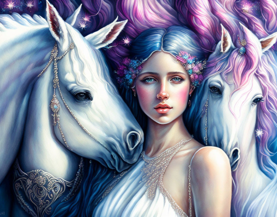 Blue-haired woman with flower crown between mythical horses against celestial backdrop