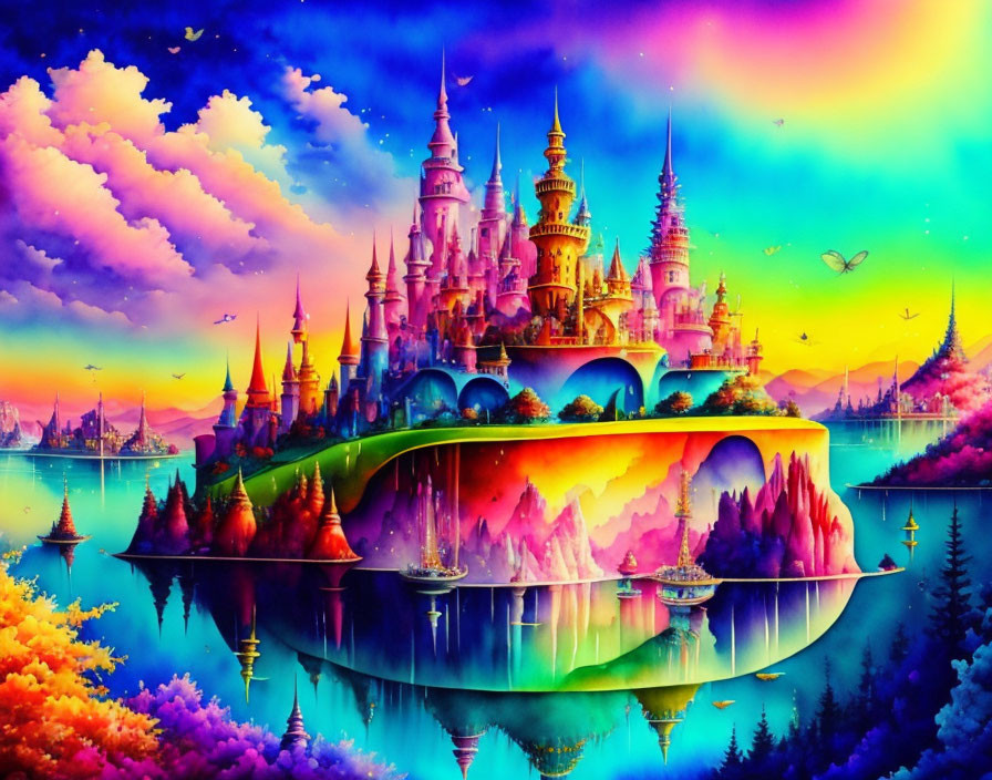 Colorful Skies Over Majestic Castle on Floating Island