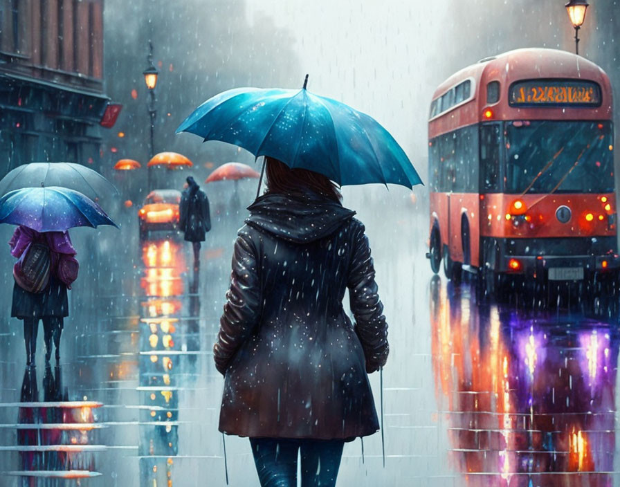 Blue umbrella person in rain with red bus and wet pavement reflections