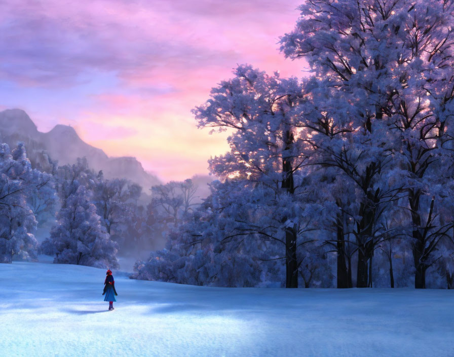 Snow-covered landscape with lone figure and pink-hued clouds