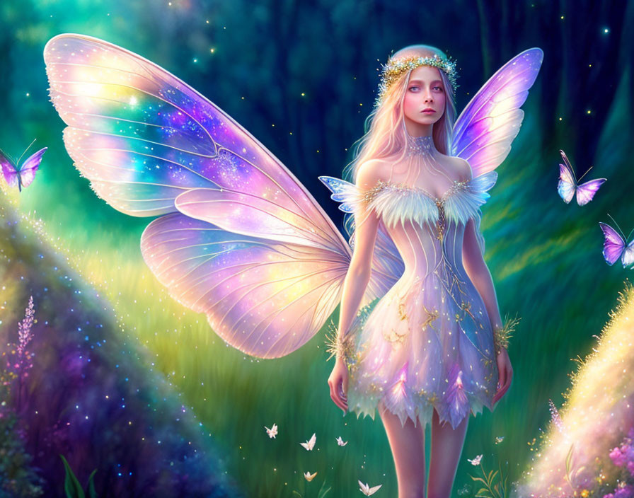 Ethereal fairy with multicolored wings in enchanted forest