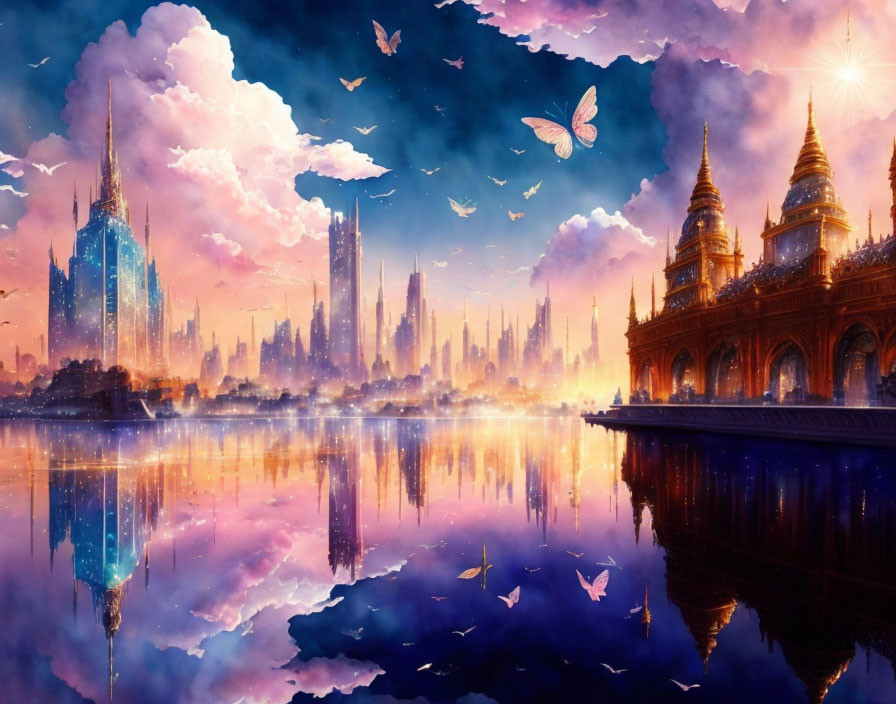 Fantastical cityscape at sunset with traditional and futuristic buildings, vibrant sky, and flying butterflies.