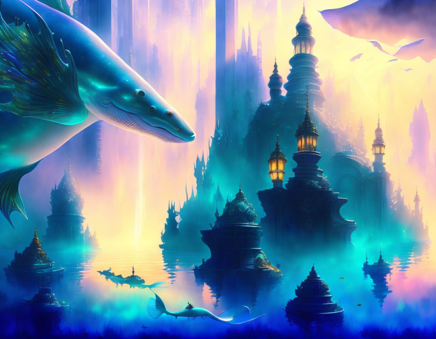 Majestic underwater city with glowing blue and purple hues