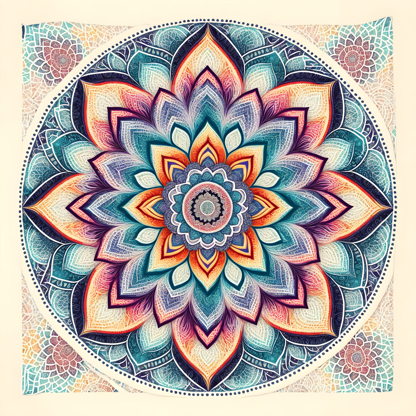 Colorful Mandala Design with Intricate Patterns and Symmetrical Layout