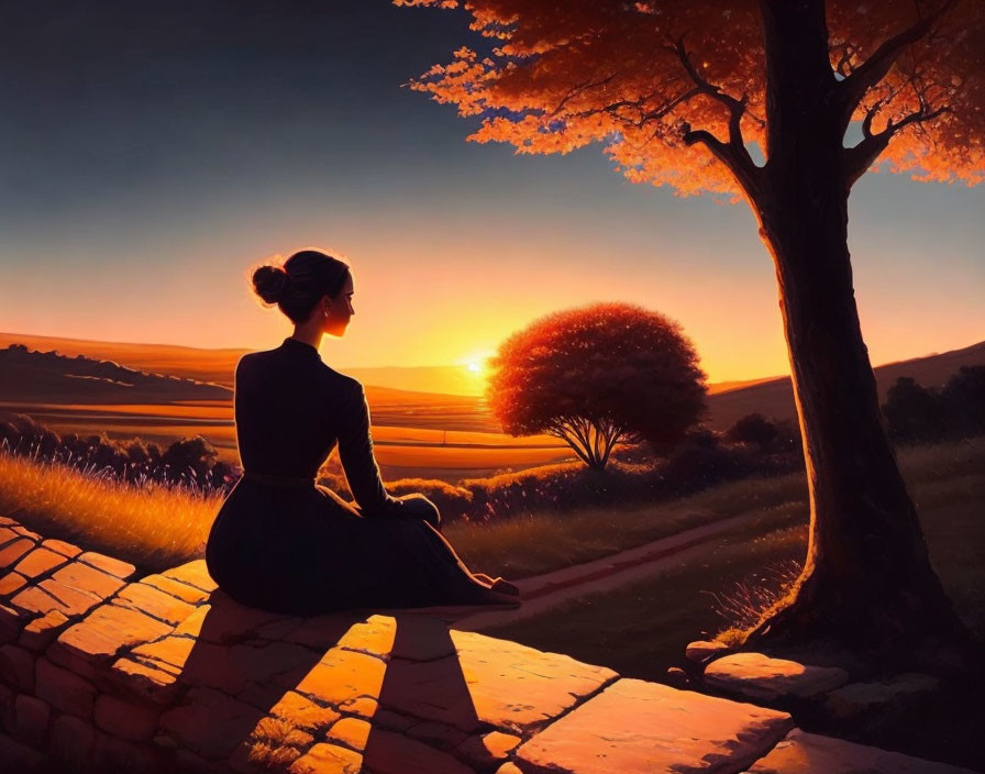 Woman admiring sunset over golden field and trees.