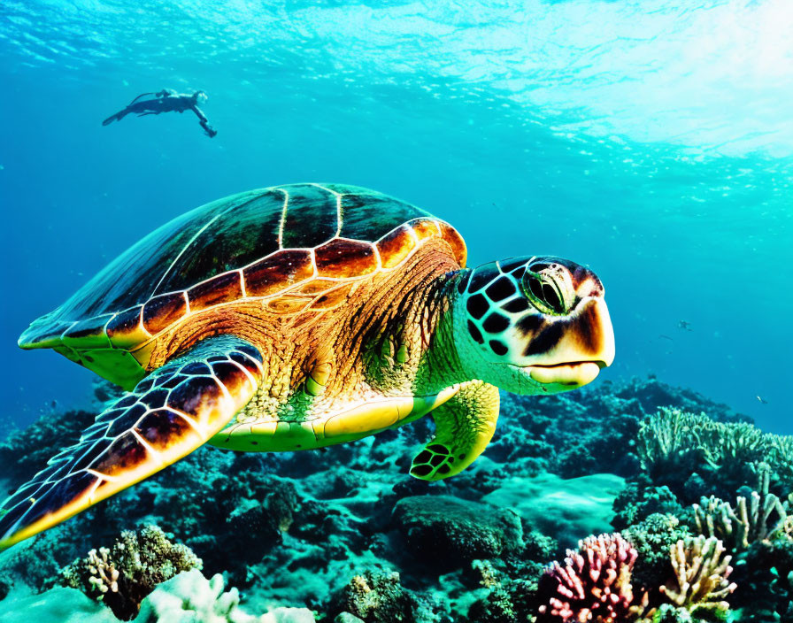 Colorful sea turtle and diver in vibrant coral reef scene.