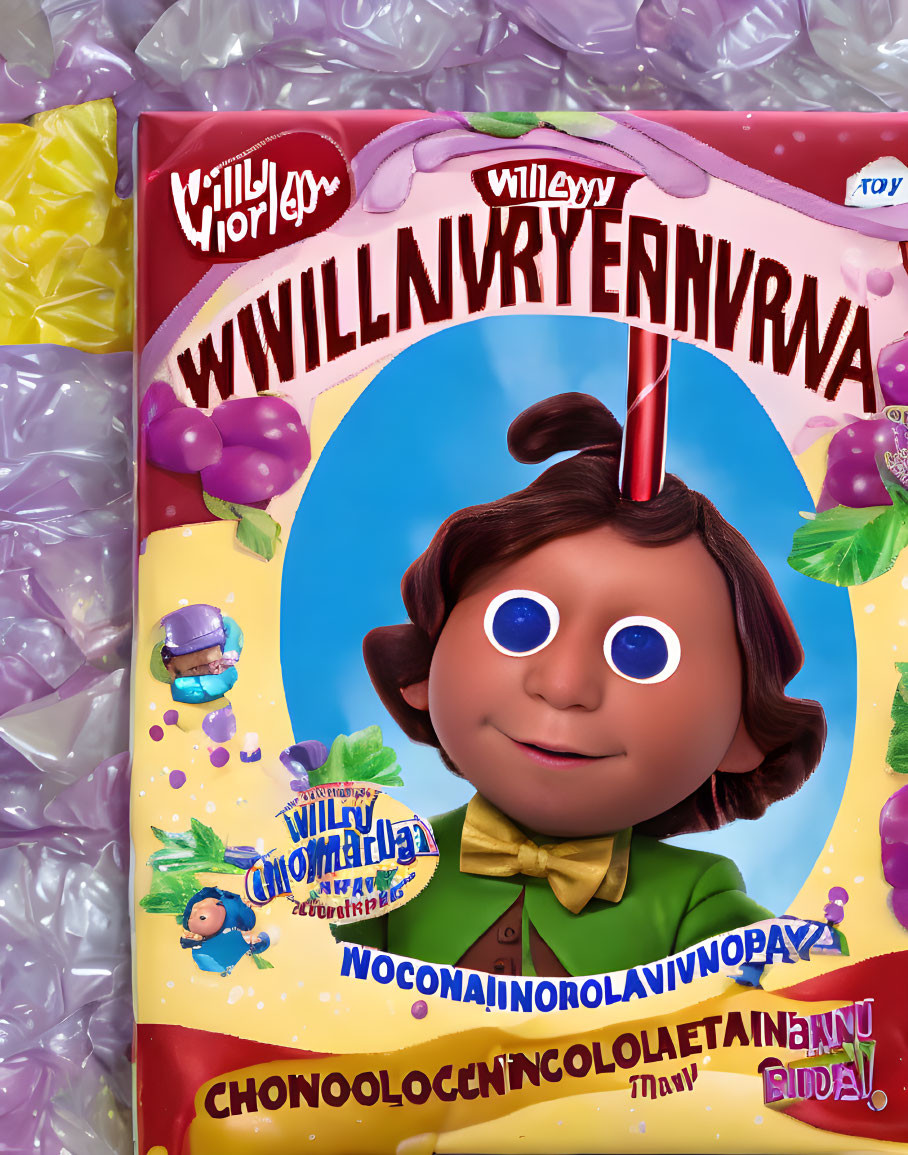 Colorful fictional chocolate candy character with brown hair and red antenna