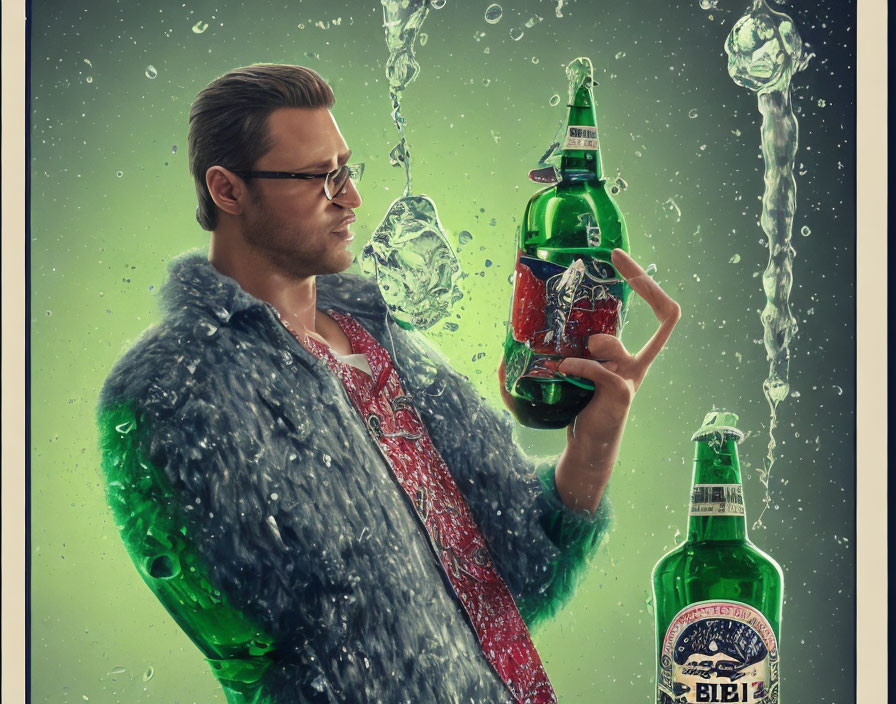 Levitating man in fur coat with beer bottle on green background