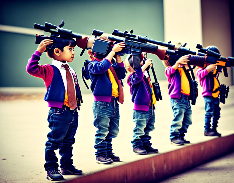 Children holding rifles in line with focus on boy.