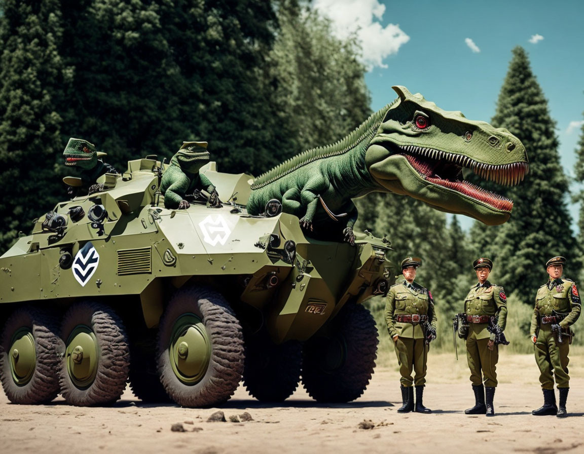 Military vehicle with realistic dinosaur head in forest clearing