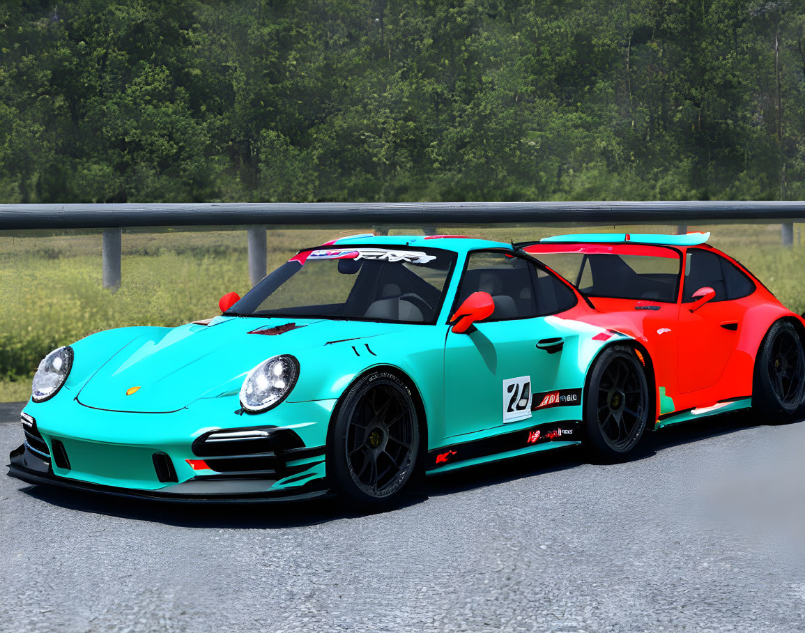 Blue Porsche 911 Race Car with Orange Accents and Number 24 on Asphalt Road