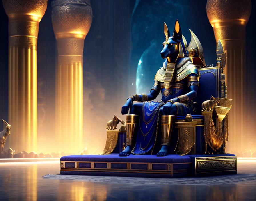 Egyptian god Anubis in gold and blue, seated on ornate throne