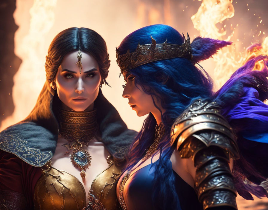 Fantasy women characters in elaborate costumes with fiery effects, emitting a mystical and regal aura