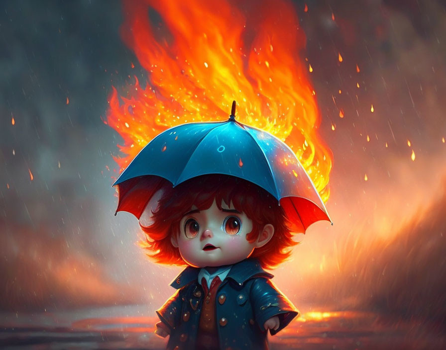 Animated character with umbrella gazes at towering fire in the rain