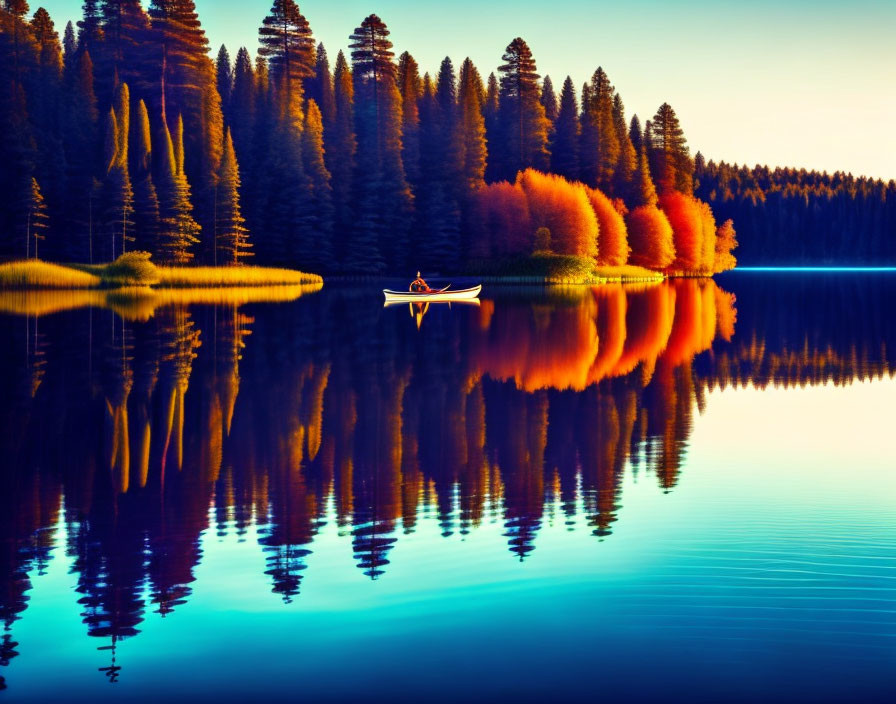 Tranquil lake scene: lone kayaker, colorful trees, sunset reflections