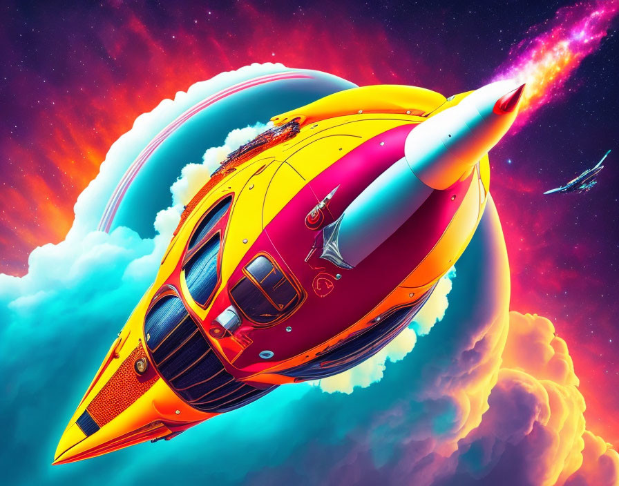 Colorful Retro-Futuristic Rocket Ship in Nebula