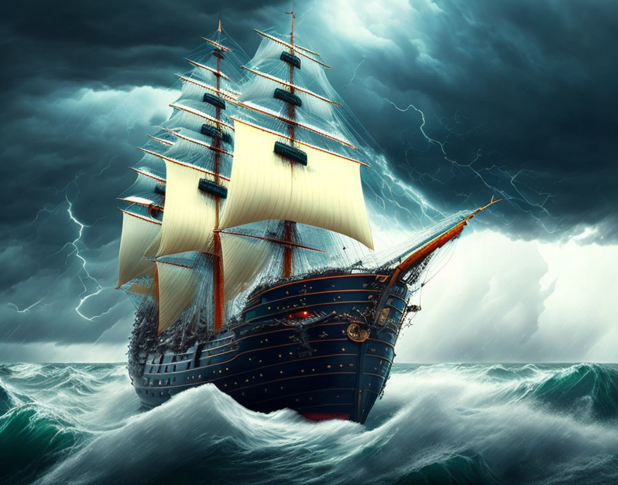 Tall ship sailing turbulent seas under stormy sky