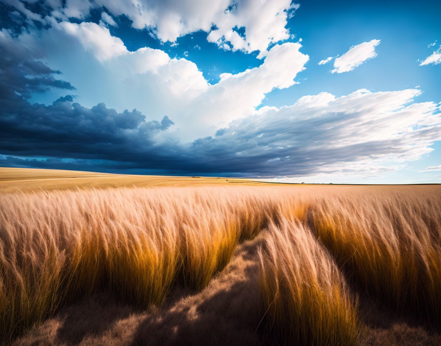 Golden Wheat Field Under Dramatic Sky with Imposing Clouds