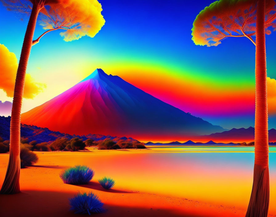 Colorful mountain, neon trees, desert sand: surreal landscape art