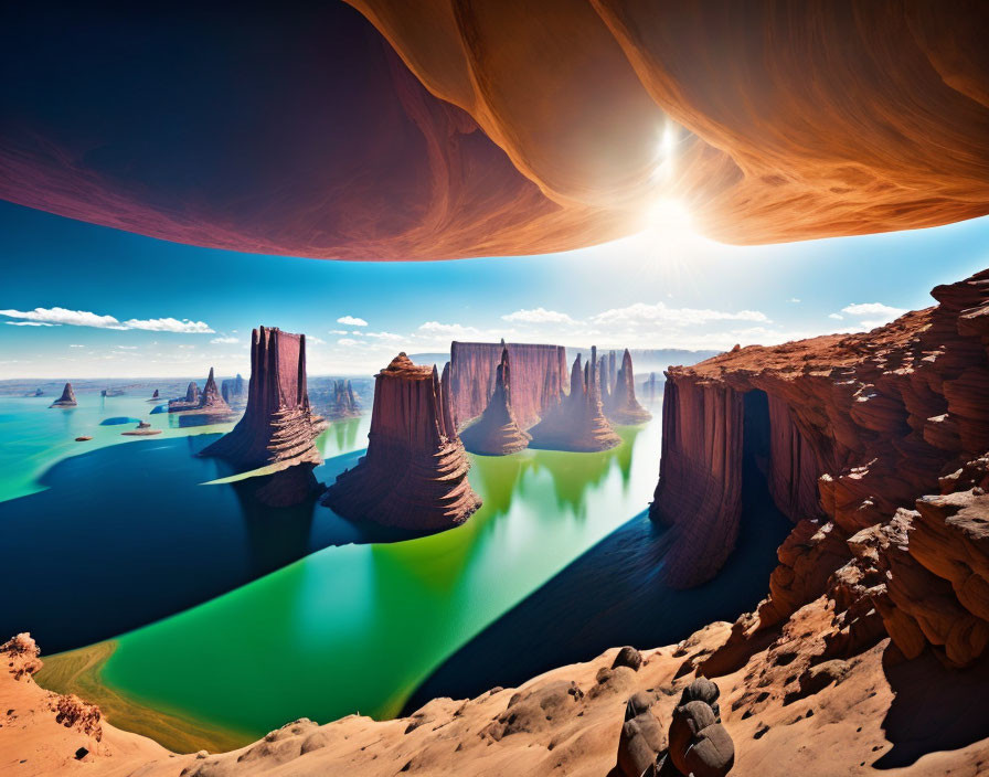 Desert rock formations and green lake under blue sky