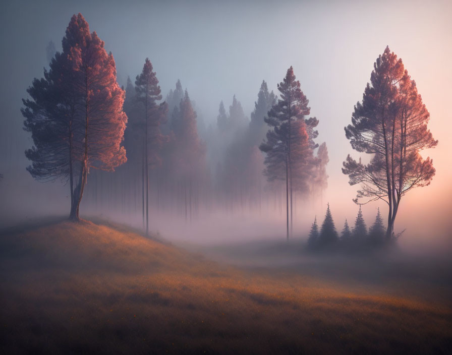 Sunlit misty forest at sunrise with fog-filtered sunlight on trees and grassy hill