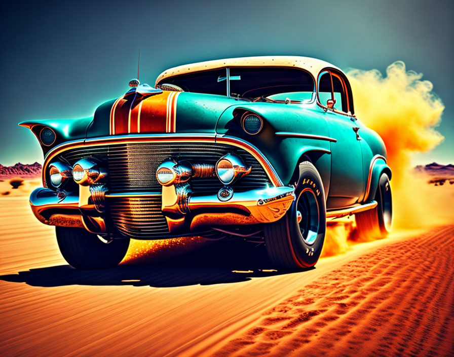 Vintage Blue Car with Fins and Chrome Detailing Speeds Through Desert