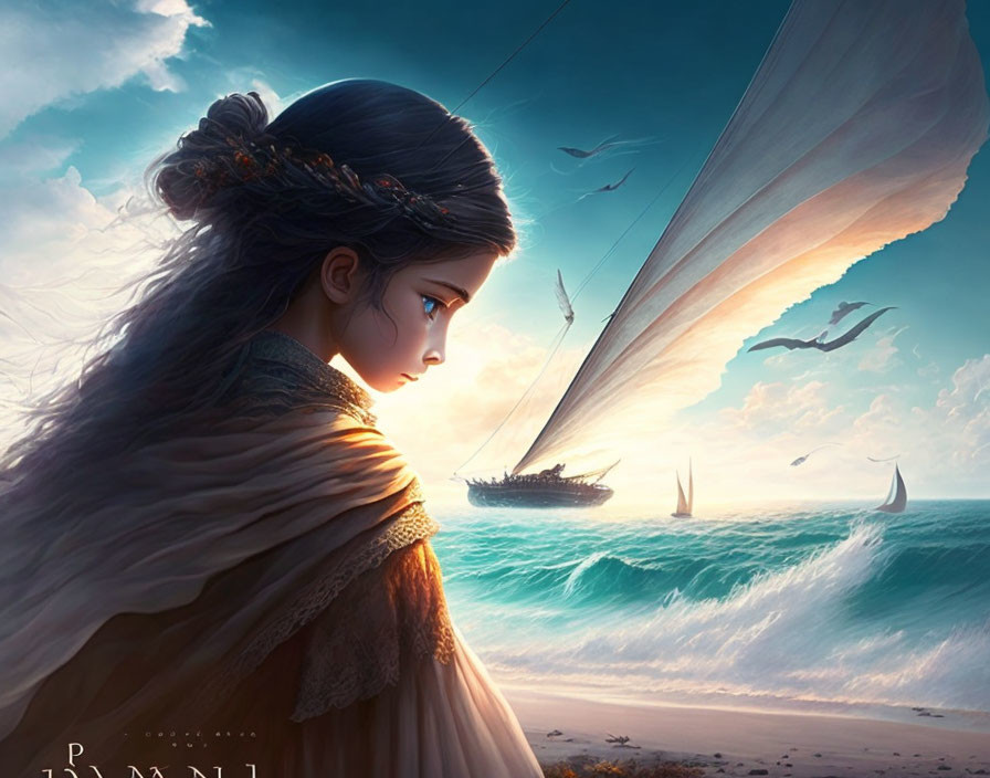 Digital artwork: Young girl watching ships at sea with dynamic clouds, birds, and serene ocean.