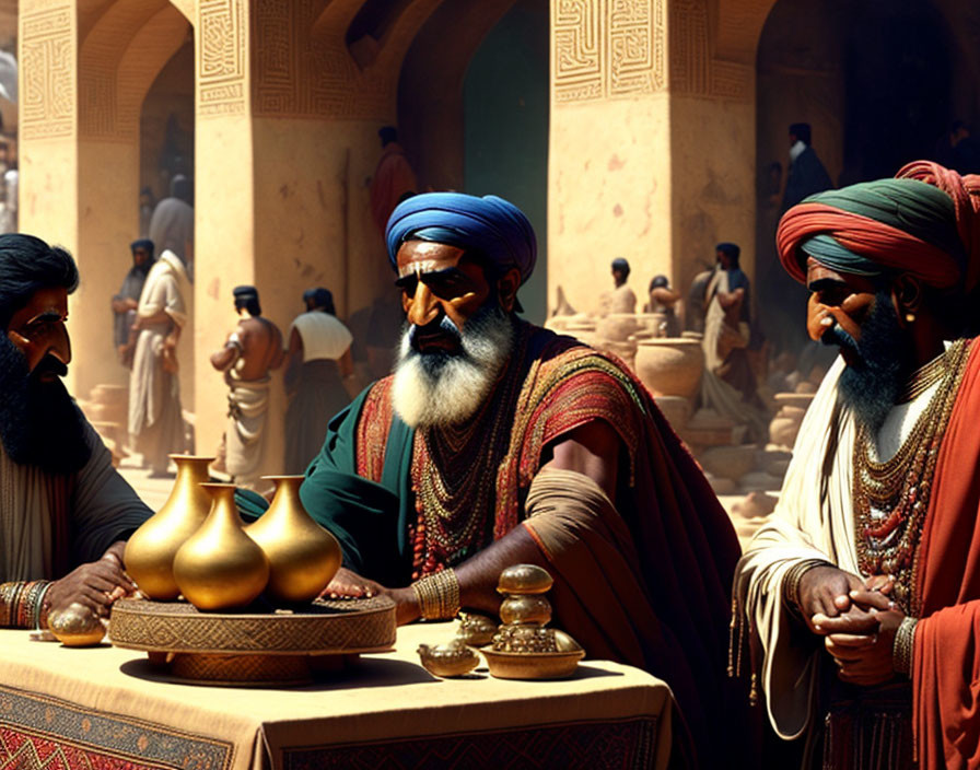 Ancient Middle Eastern men in traditional attire around a table with a golden pitcher in a bustling market scene