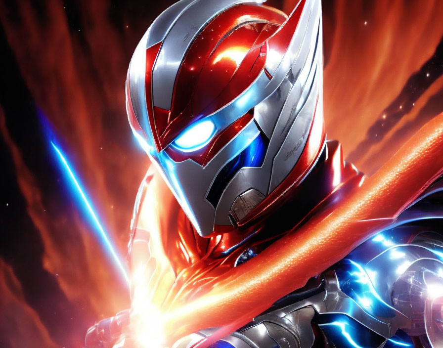 Futuristic warrior in red and silver armor on fiery background