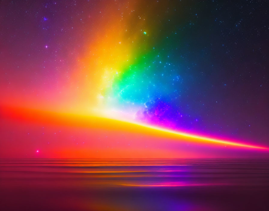 Colorful Horizon Artwork with Vibrant Light Beam and Starry Sky