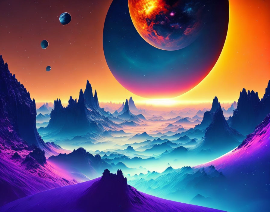 Colorful digital art: rocky peaks, multicolored sky, celestial bodies, misty horizon