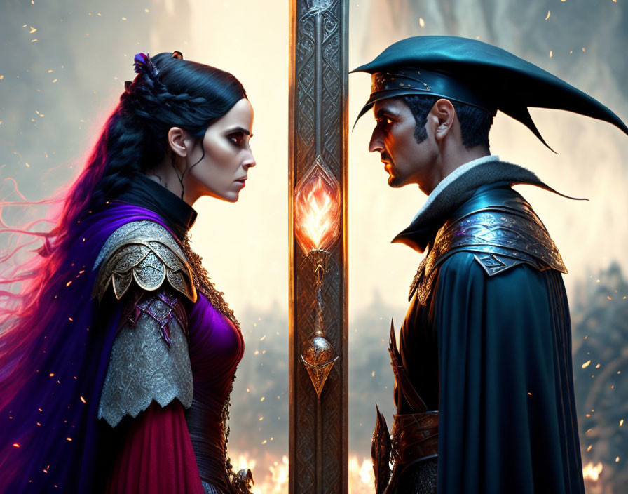 Fantasy characters: female with purple hair, regal attire, male in feathered hat, cloak