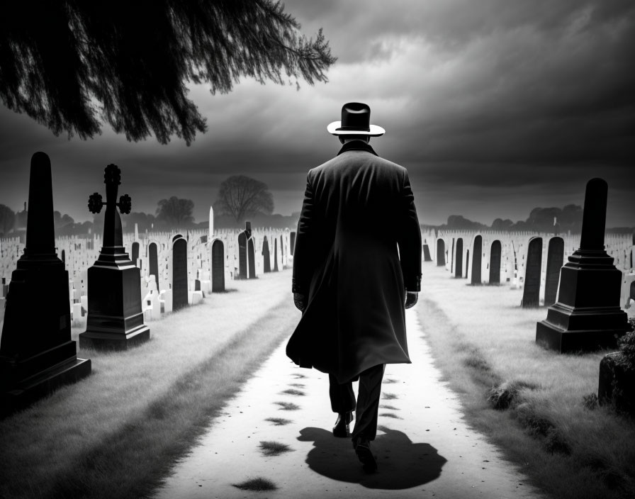 Man in hat and coat walking in cemetery under cloudy sky