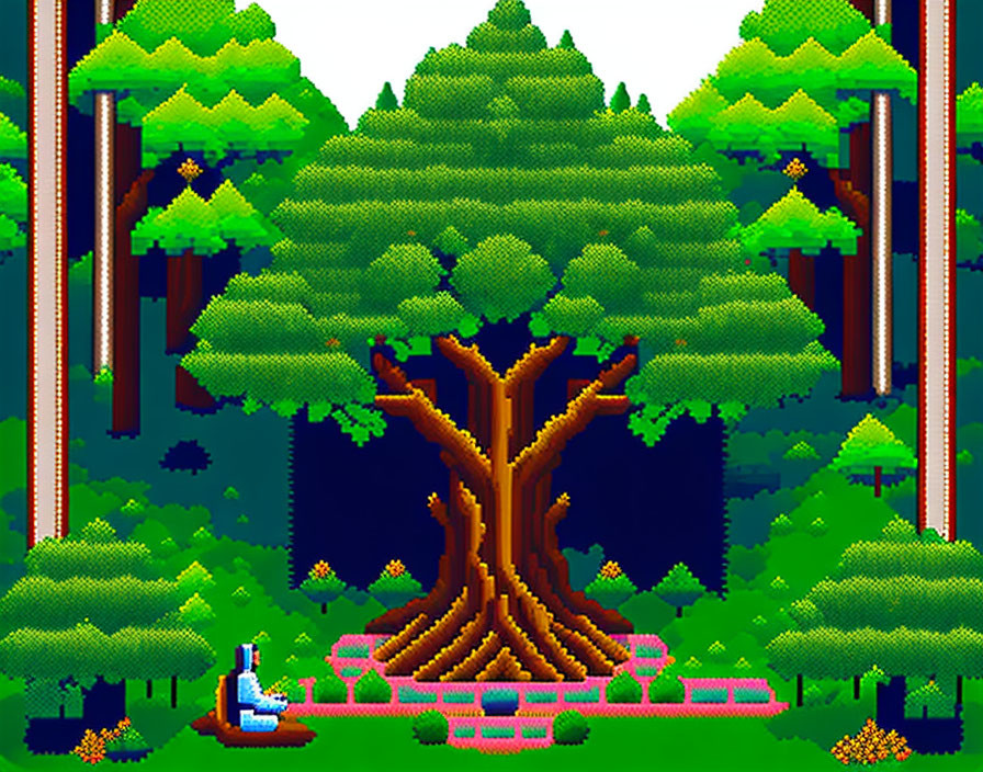 Pixel art of person by vibrant tree in lush forest