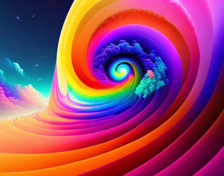 Colorful digital artwork: Rainbow vortex in pastel sky