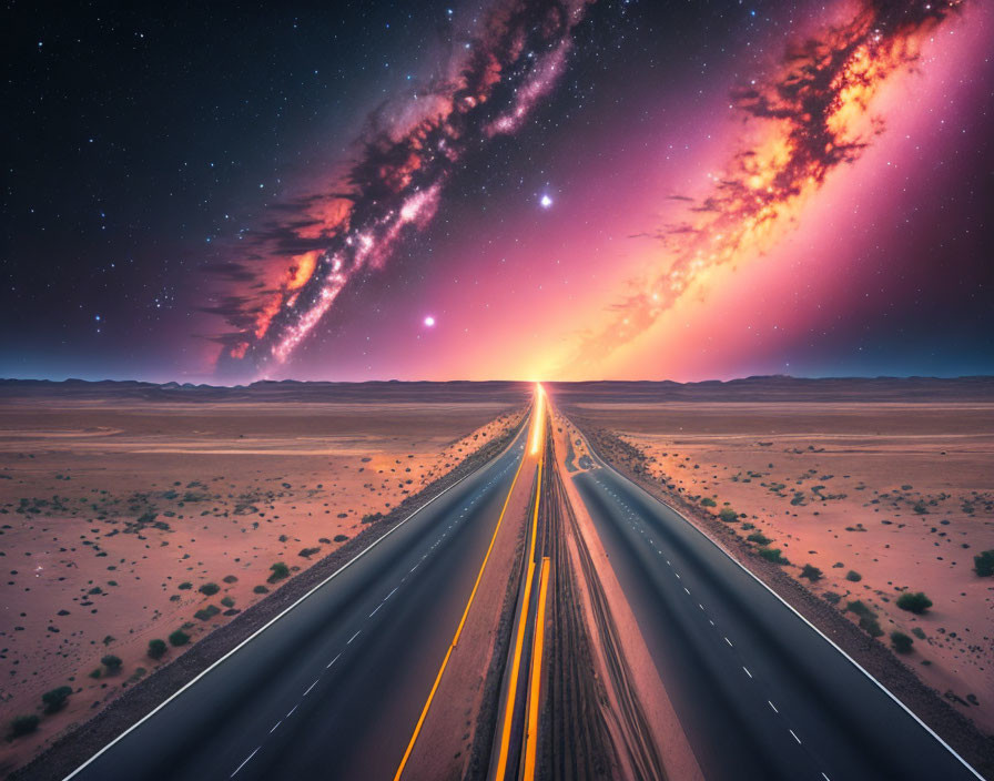 Desert landscape with straight road under twilight sky