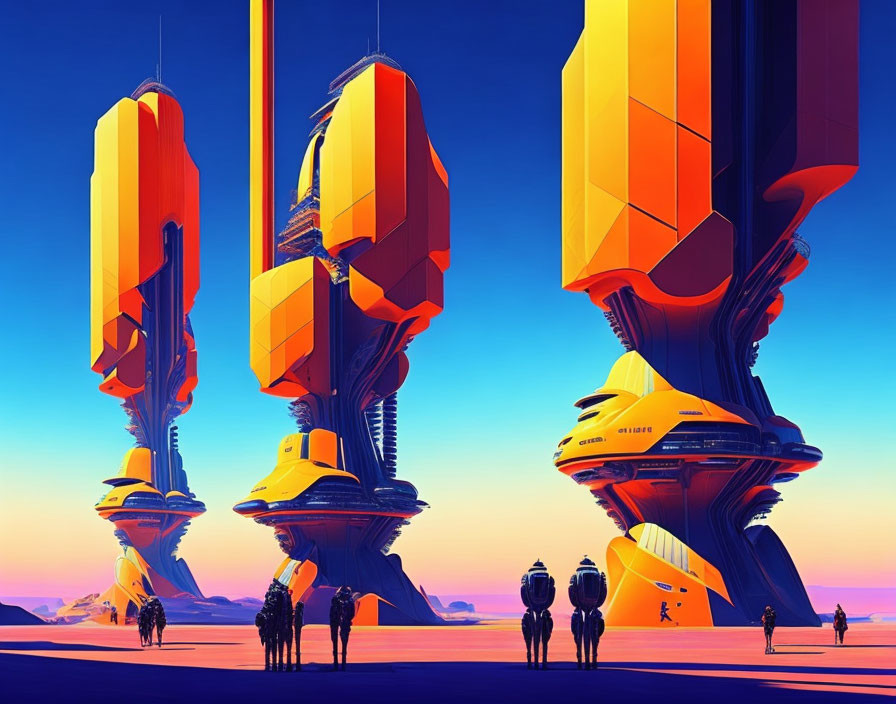 Vibrant orange and blue futuristic structures under vast sky silhouette people.