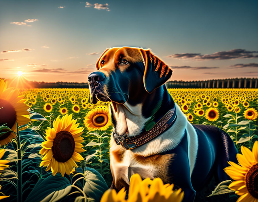 Dog sitting among sunflowers in serene countryside sunset.