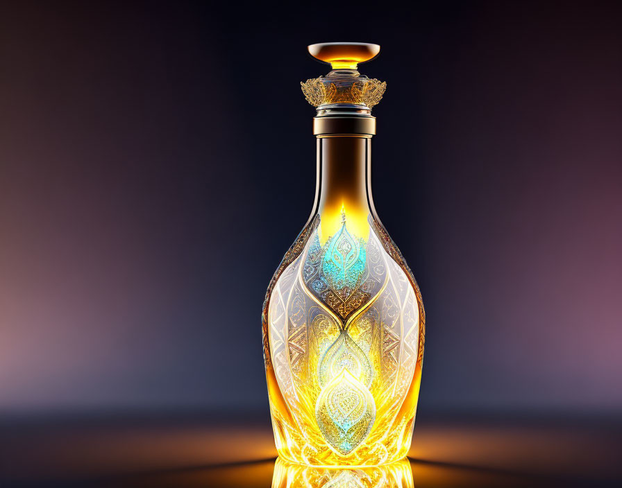 Luxurious gold and amber glass bottle with intricate glowing designs