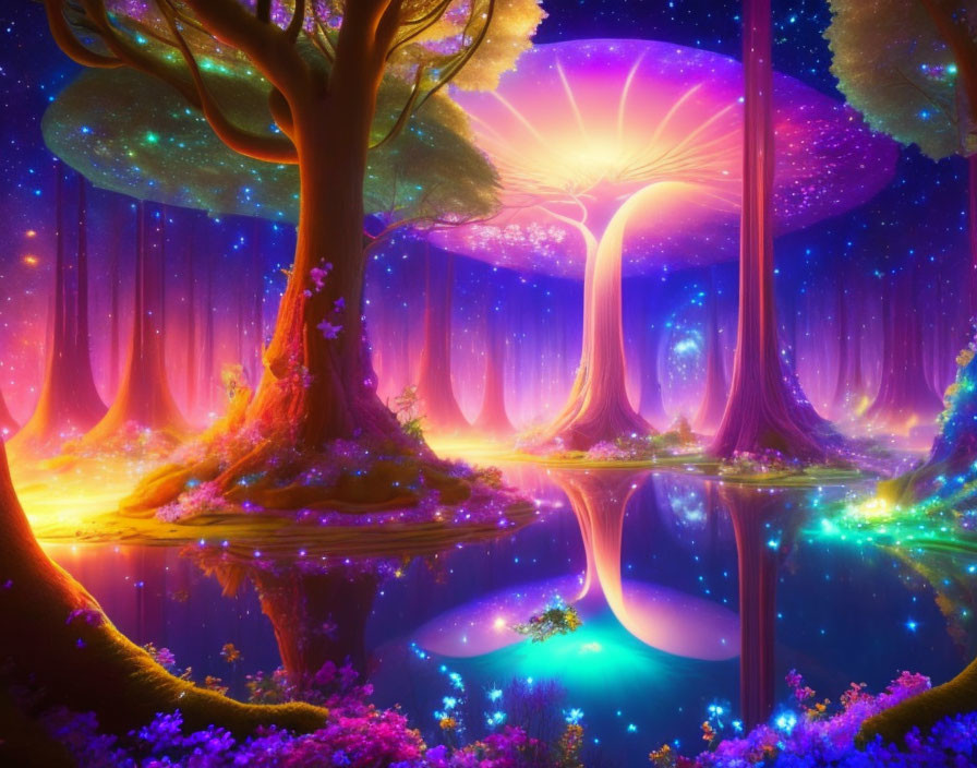 Mystical forest with luminous trees and colorful sky