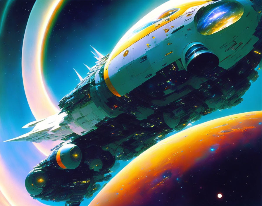 Colorful futuristic spaceship in vibrant space scene